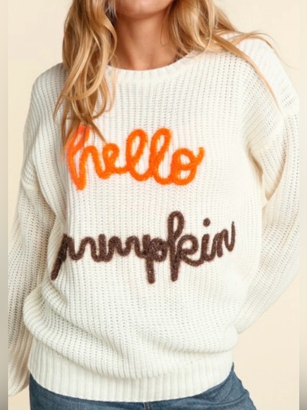 "Hello Pumpkin" Cream Knit Sweater NWOT Chicsoul